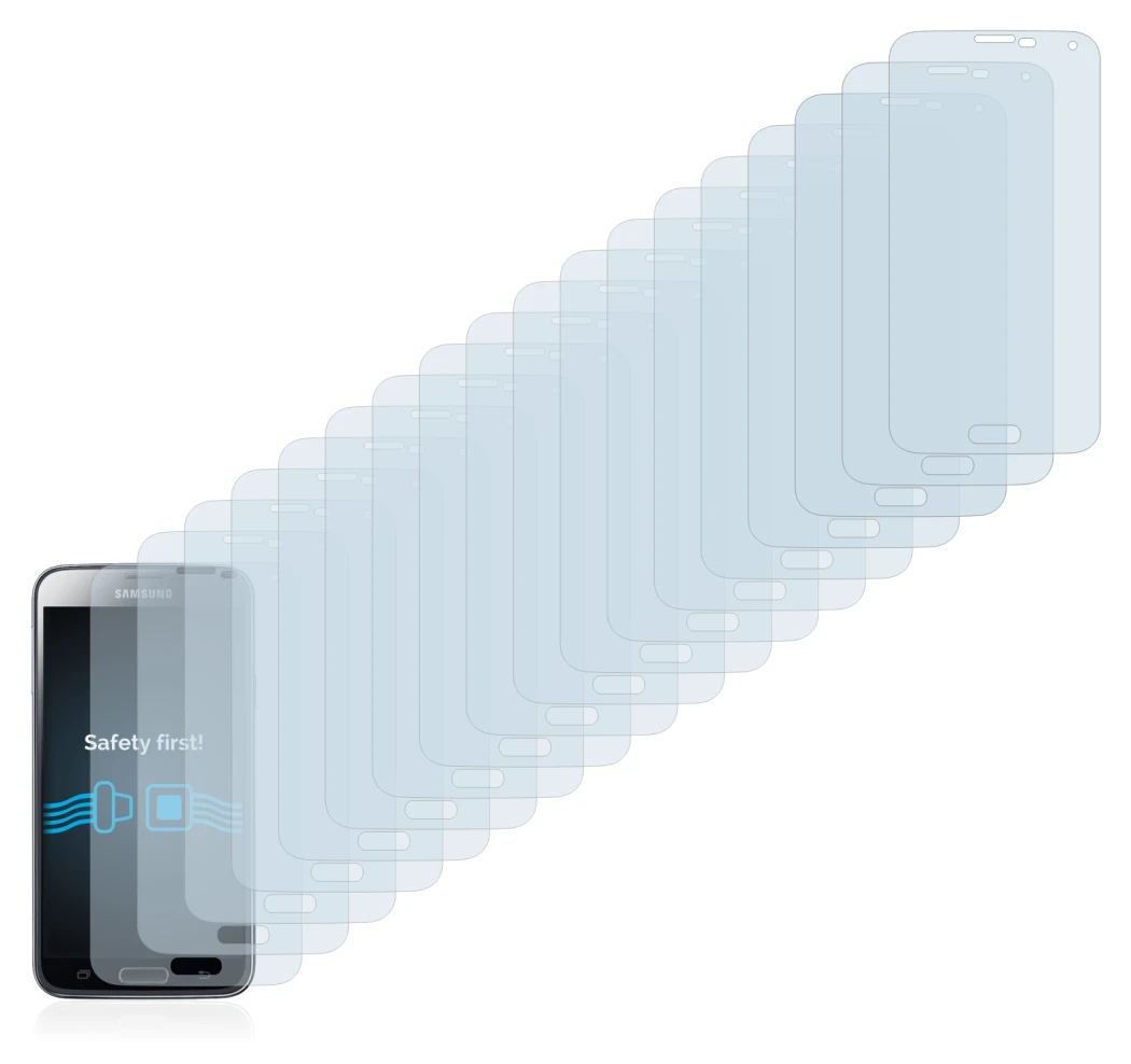 Imagen del dispositivo Samsung Galaxy S5 con una amplia variedad de protectores de pantalla.