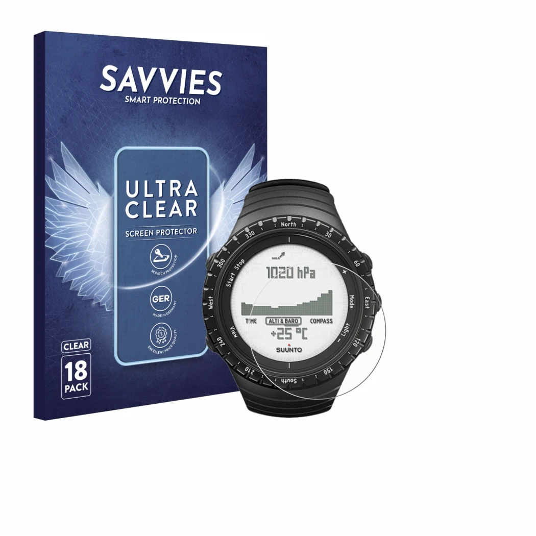 Parte frontal de un envase de producto con el logotipo de la marca Savvies. Al lado se muestra el dispositivo Suunto Core Regu