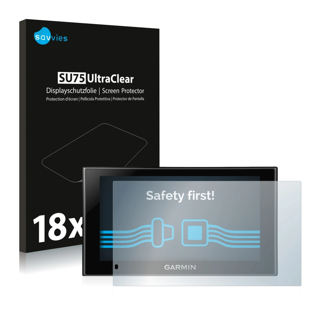 Parte frontal de un envase de producto con el logotipo de la marca Savvies. Al lado se muestra el dispositivo Garmin nüvi 2599
