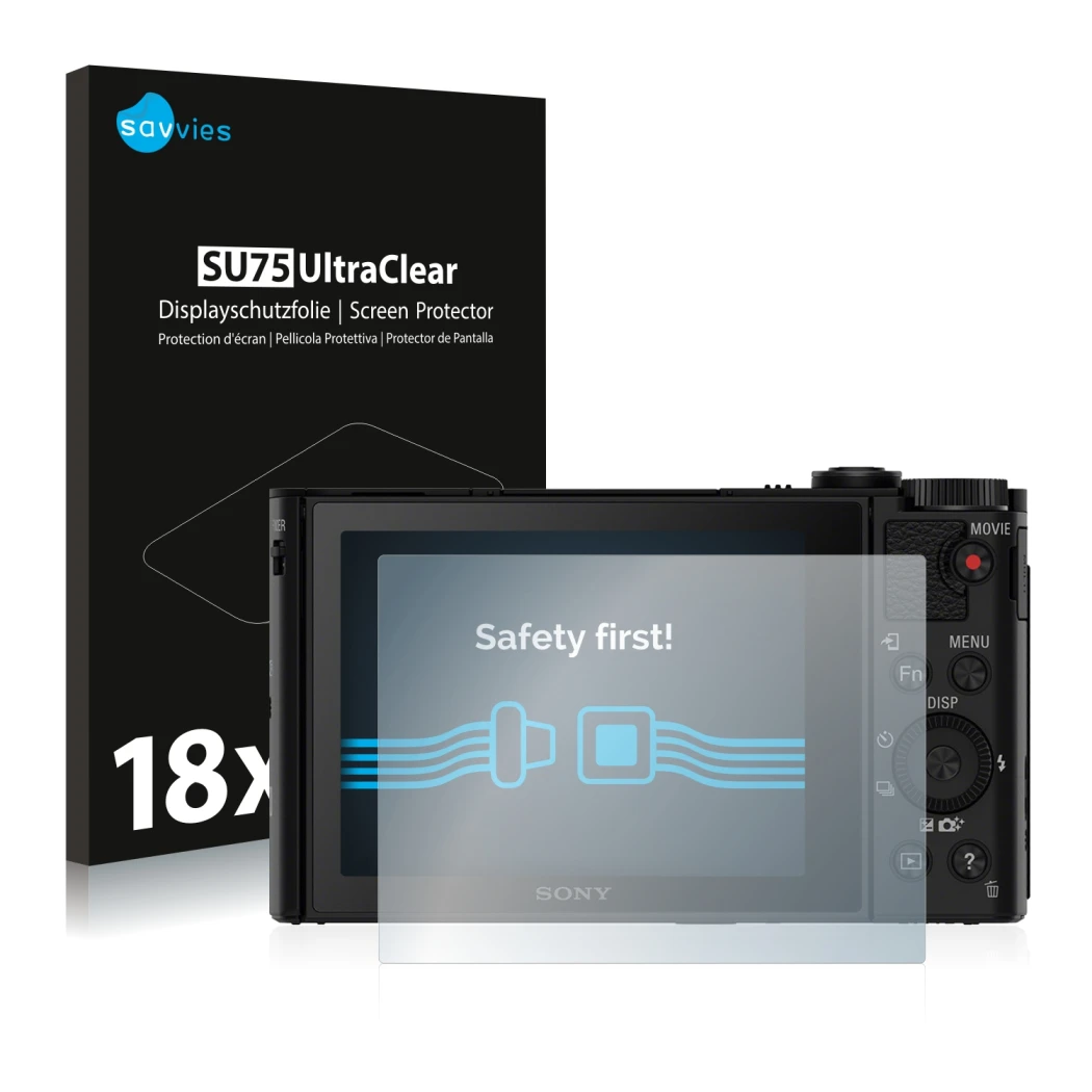 Parte frontal de un envase de producto con el logotipo de la marca Savvies. Al lado se muestra el dispositivo Sony Cyber-Shot 