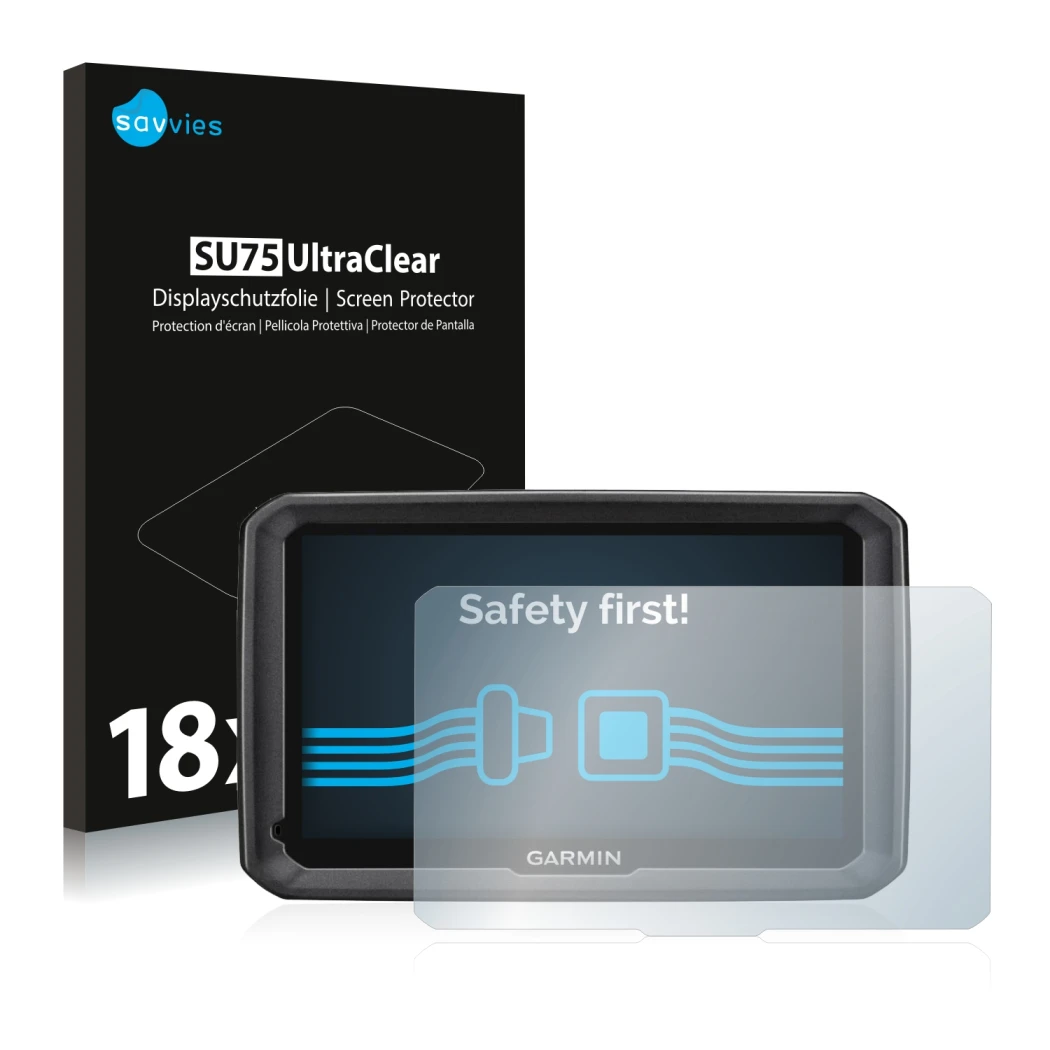 Parte frontal de un envase de producto con el logotipo de la marca Savvies. Al lado se muestra el dispositivo Garmin dezl 770 