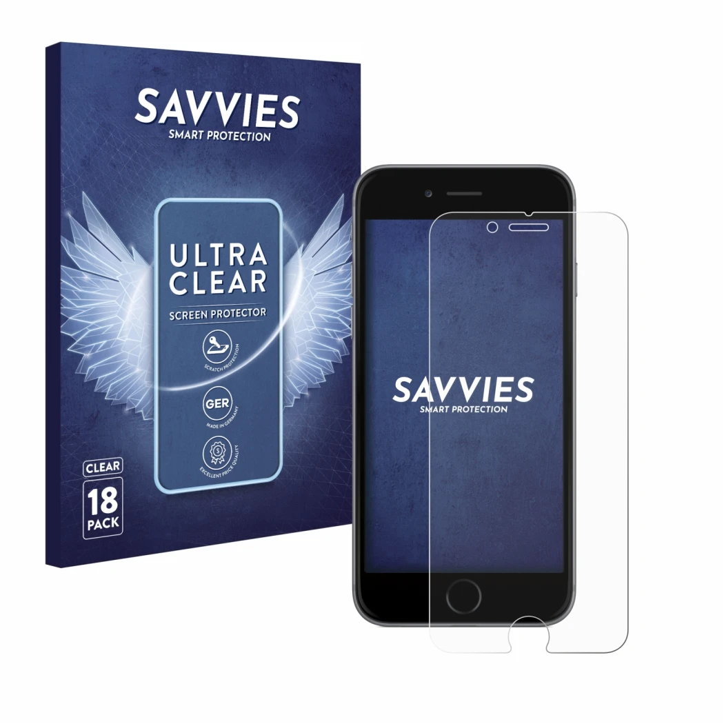 Parte frontal de un envase de producto con el logotipo de la marca Savvies. Al lado se muestra el dispositivo Apple iPhone 6S 