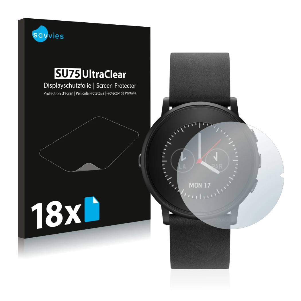 Parte frontal de un envase de producto con el logotipo de la marca Savvies. Al lado se muestra el dispositivo Pebble Time Roun