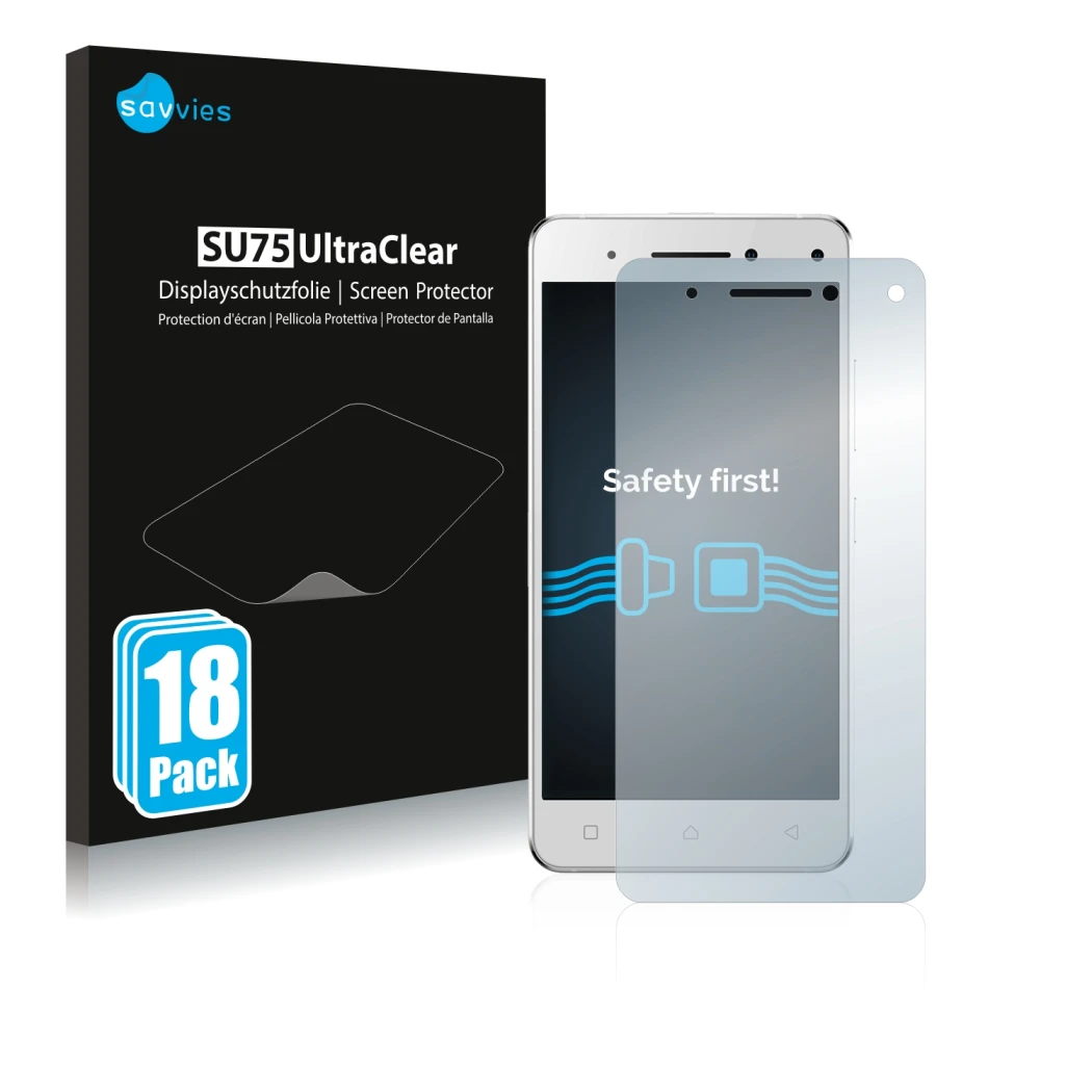 Parte frontal de un envase de producto con el logotipo de la marca Savvies. Al lado se muestra el dispositivo Lenovo Vibe S1 c