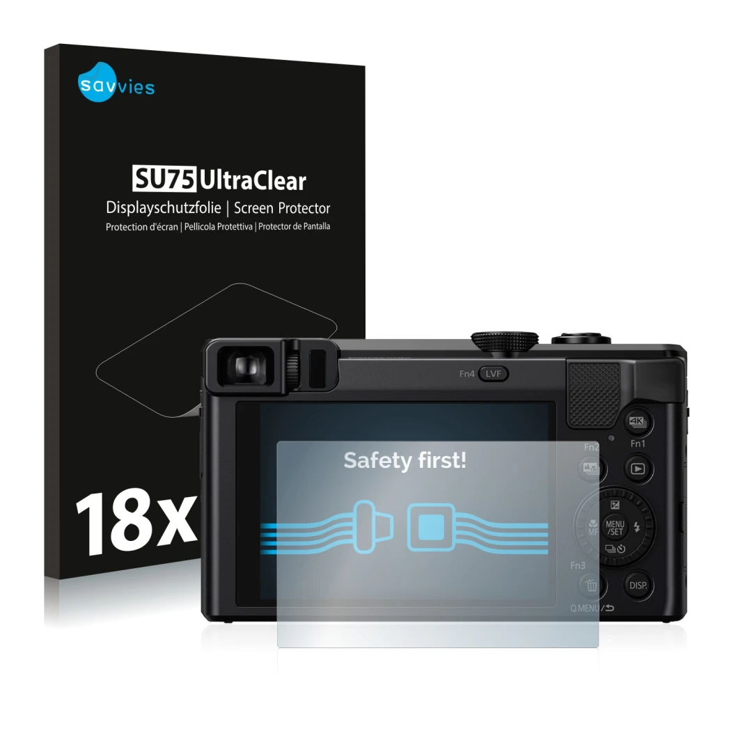 Parte frontal de un envase de producto con el logotipo de la marca Savvies. Al lado se muestra el dispositivo Panasonic Lumix 