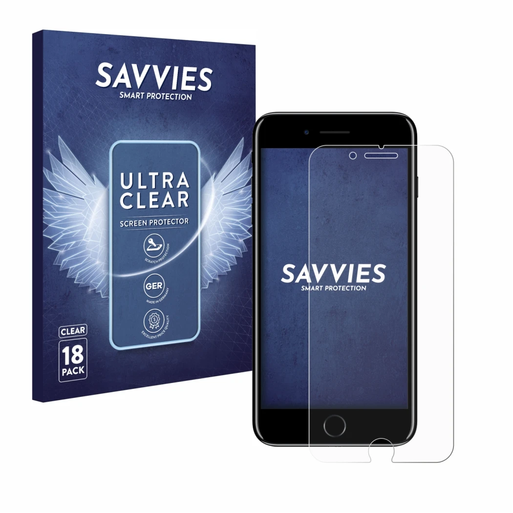 Parte frontal de un envase de producto con el logotipo de la marca Savvies. Al lado se muestra el dispositivo Apple iPhone 7 P