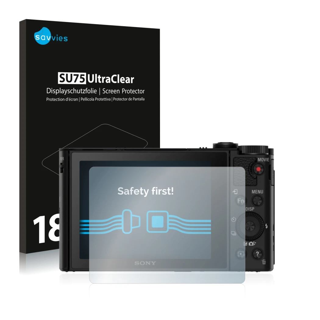 Parte frontal de un envase de producto con el logotipo de la marca Savvies. Al lado se muestra el dispositivo Sony Cyber-Shot 