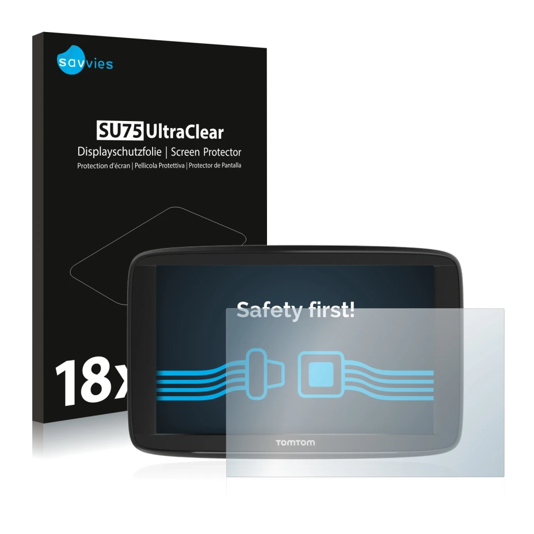 Parte frontal de un envase de producto con el logotipo de la marca Savvies. Al lado se muestra el dispositivo TomTom Start 62 