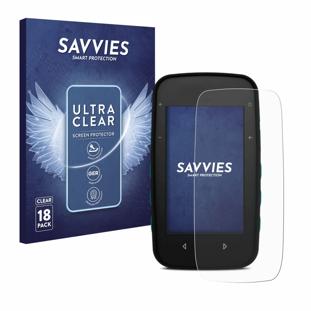 Parte frontal de un envase de producto con el logotipo de la marca Savvies. Al lado se muestra el dispositivo CompeGPS TwoNav 