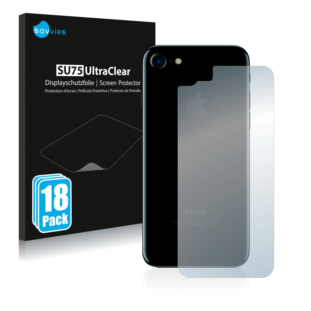 Parte frontal de un envase de producto con el logotipo de la marca Savvies. Al lado se muestra el dispositivo Apple iPhone 7 T