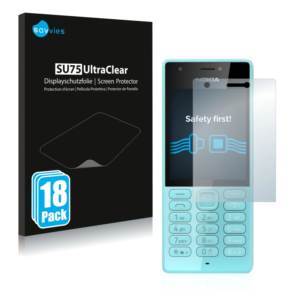 Parte frontal de un envase de producto con el logotipo de la marca Savvies. Al lado se muestra el dispositivo Nokia 216 con su