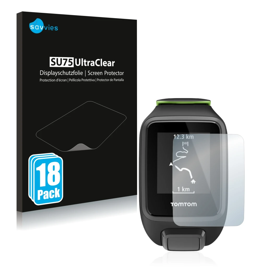 Parte frontal de un envase de producto con el logotipo de la marca Savvies. Al lado se muestra el dispositivo TomTom Runner 3 