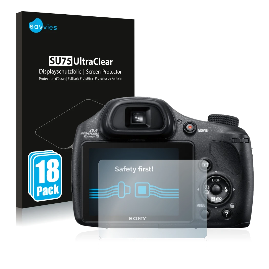 Parte frontal de un envase de producto con el logotipo de la marca Savvies. Al lado se muestra el dispositivo Sony Cyber-Shot 