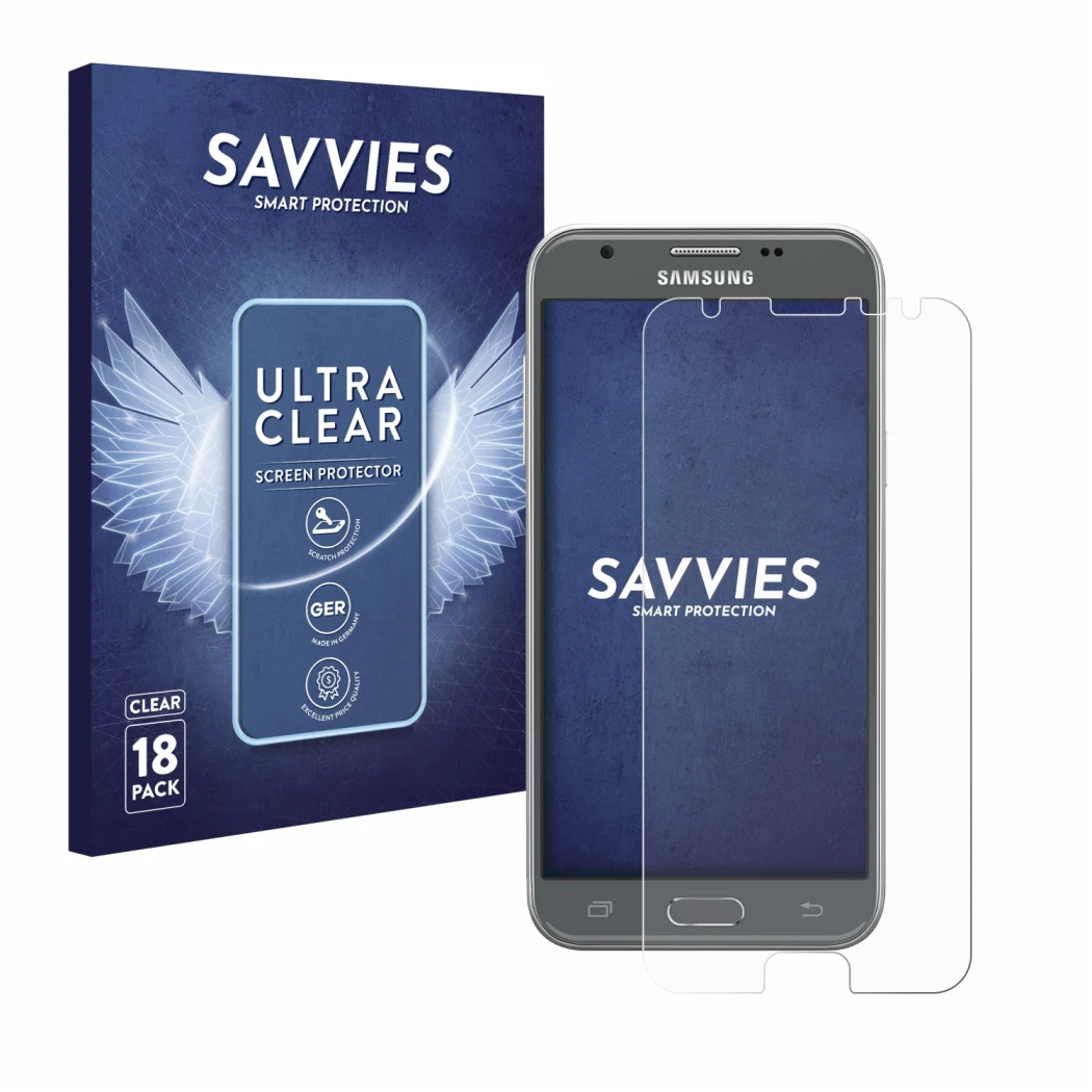 Parte frontal de un envase de producto con el logotipo de la marca Savvies. Al lado se muestra el dispositivo Samsung Galaxy J