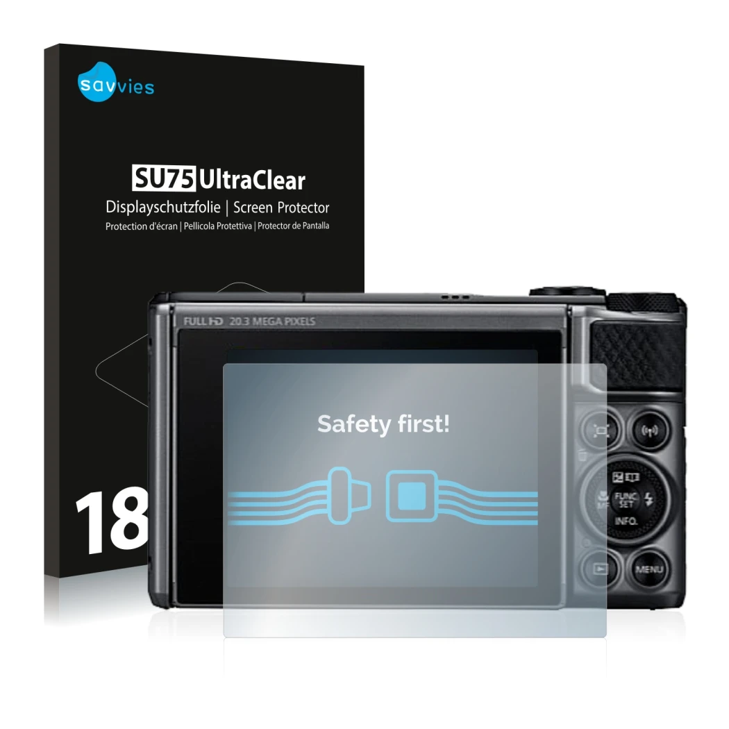 Parte frontal de un envase de producto con el logotipo de la marca Savvies. Al lado se muestra el dispositivo Canon PowerShot 