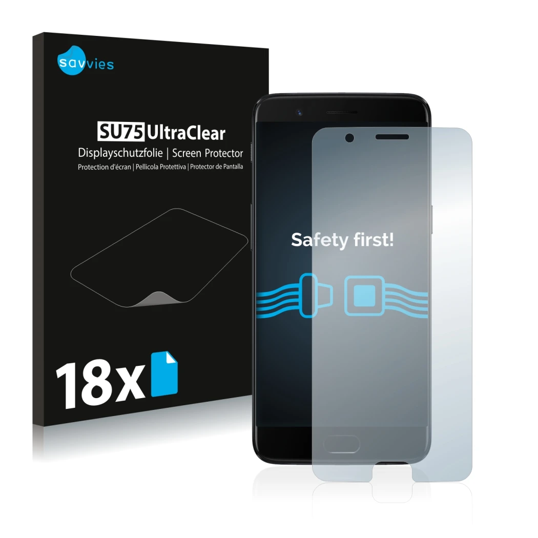 Parte frontal de un envase de producto con el logotipo de la marca Savvies. Al lado se muestra el dispositivo OnePlus 5 con su