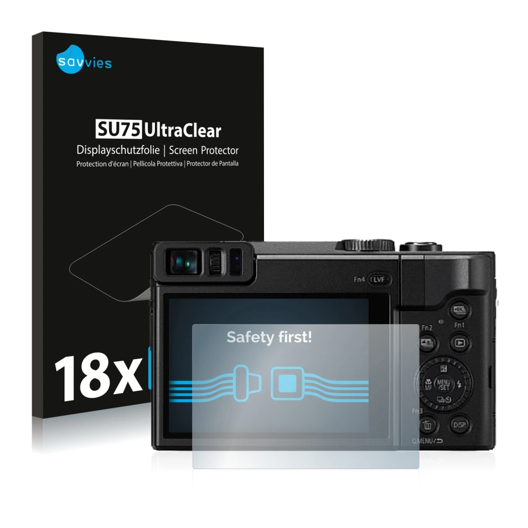 Parte frontal de un envase de producto con el logotipo de la marca Savvies. Al lado se muestra el dispositivo Panasonic Lumix 