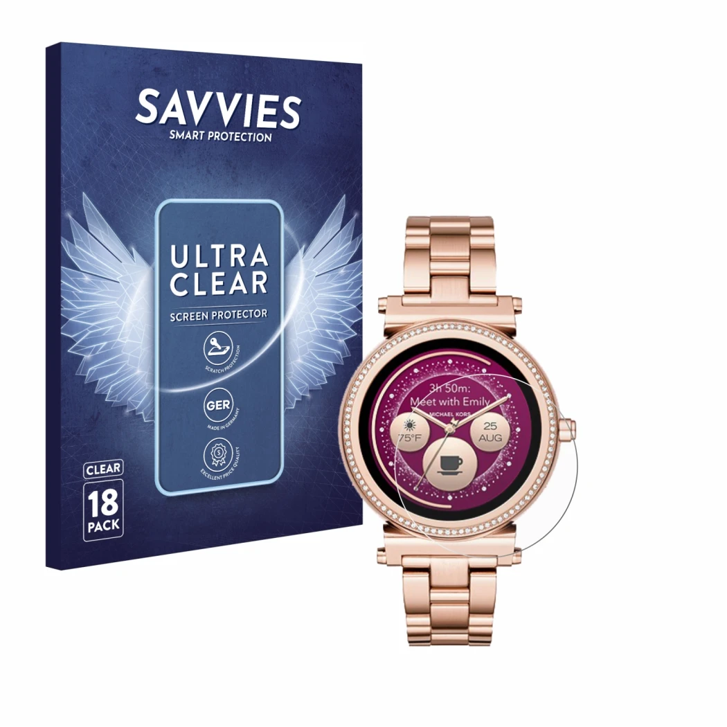 Parte frontal de un envase de producto con el logotipo de la marca Savvies. Al lado se muestra el dispositivo Michael Kors Acc