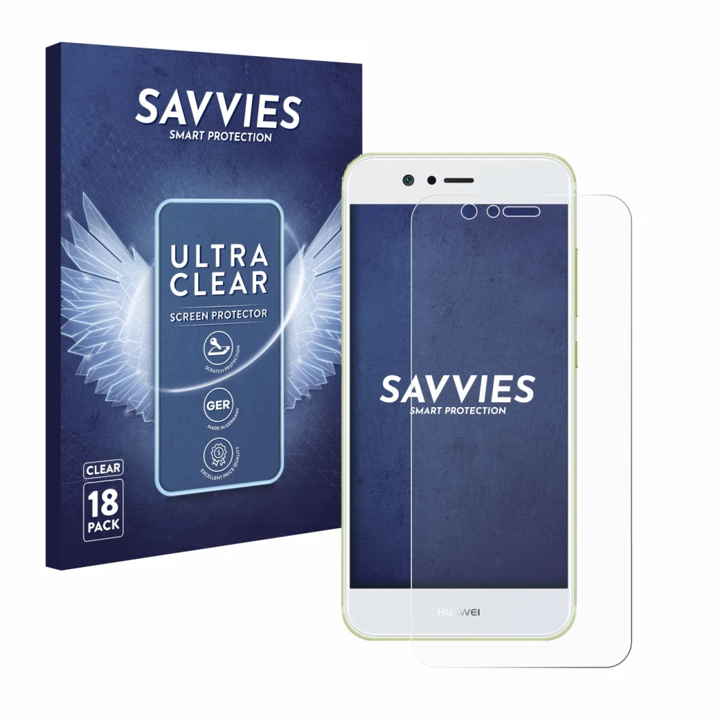 Parte frontal de un envase de producto con el logotipo de la marca Savvies. Al lado se muestra el dispositivo Huawei Nova 2 co