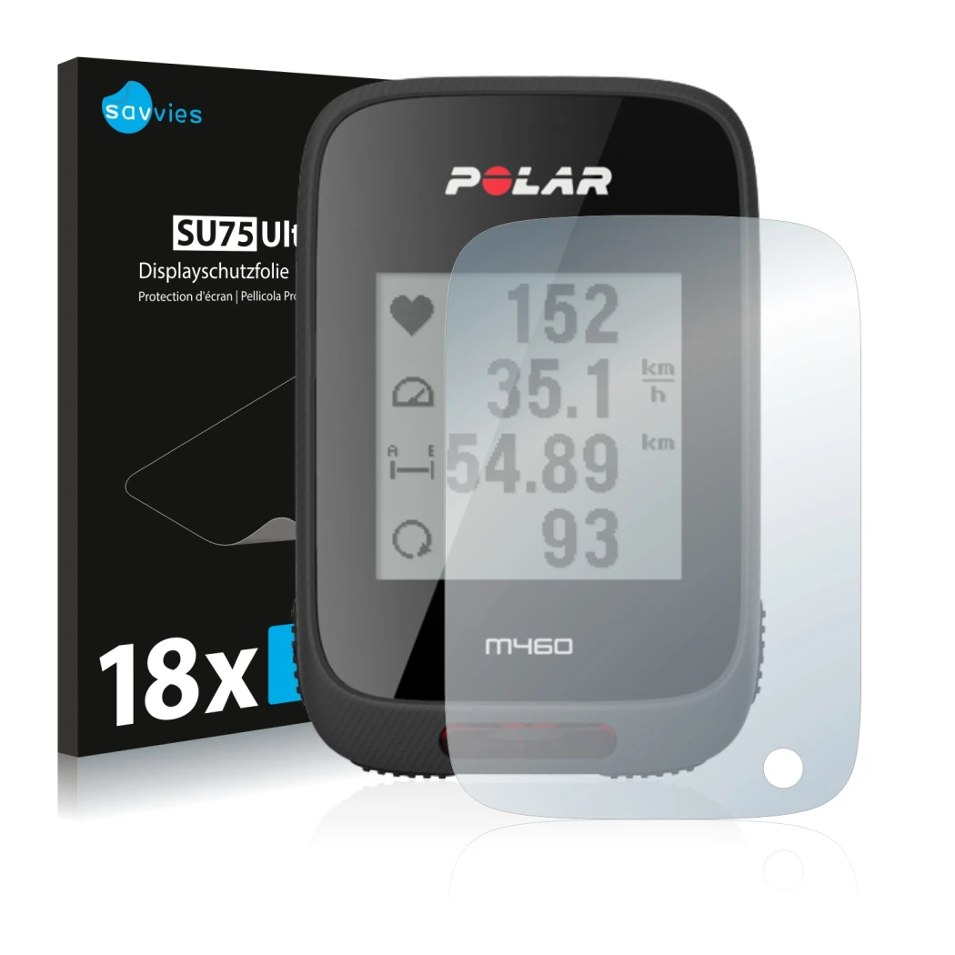 Parte frontal de un envase de producto con el logotipo de la marca Savvies. Al lado se muestra el dispositivo Polar M460 con s