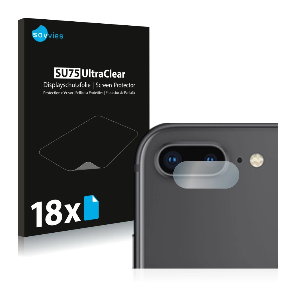 Parte frontal de un envase de producto con el logotipo de la marca Savvies. Al lado se muestra el dispositivo Apple iPhone 8 P