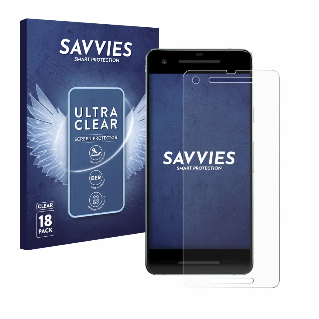 Parte frontal de un envase de producto con el logotipo de la marca Savvies. Al lado se muestra el dispositivo Google Pixel 2 c