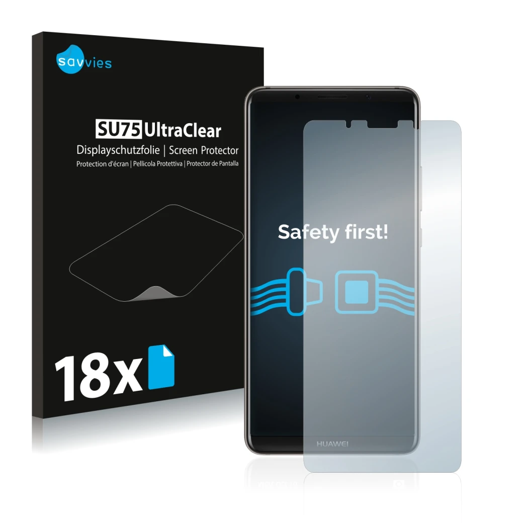 Parte frontal de un envase de producto con el logotipo de la marca Savvies. Al lado se muestra el dispositivo Huawei Mate 10 P