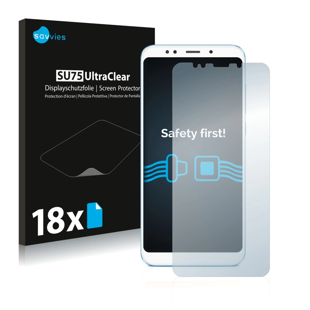 Parte frontal de un envase de producto con el logotipo de la marca Savvies. Al lado se muestra el dispositivo Xiaomi Redmi 5 P