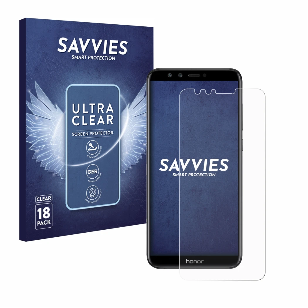 Parte frontal de un envase de producto con el logotipo de la marca Savvies. Al lado se muestra el dispositivo Honor 9 Lite con