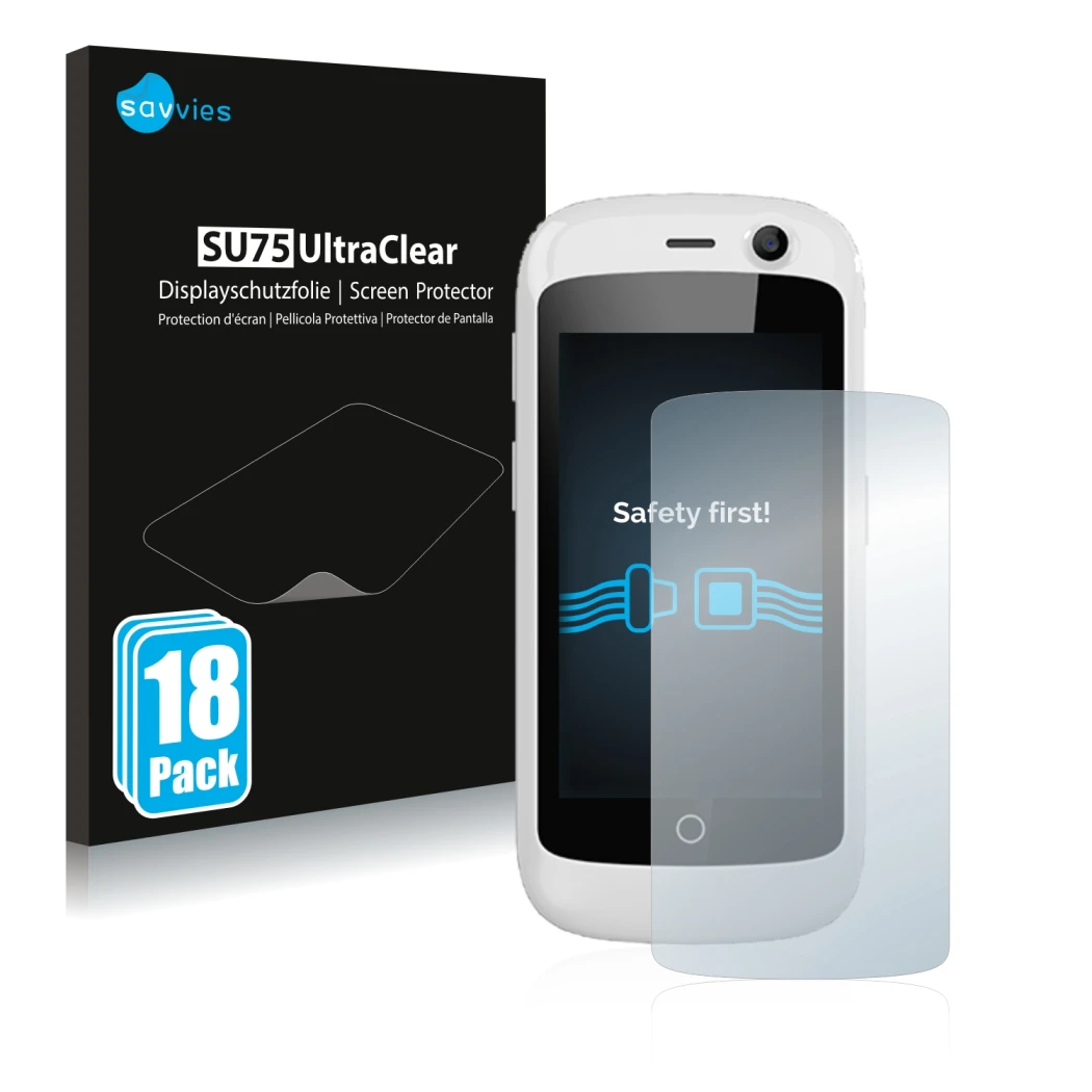 Parte frontal de un envase de producto con el logotipo de la marca Savvies. Al lado se muestra el dispositivo Unihertz Jelly P