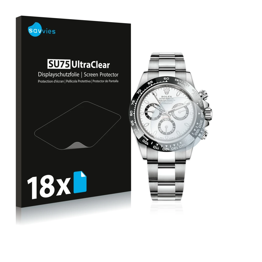 Parte frontal de un envase de producto con el logotipo de la marca Savvies. Al lado se muestra el dispositivo Rolex Cosmograph