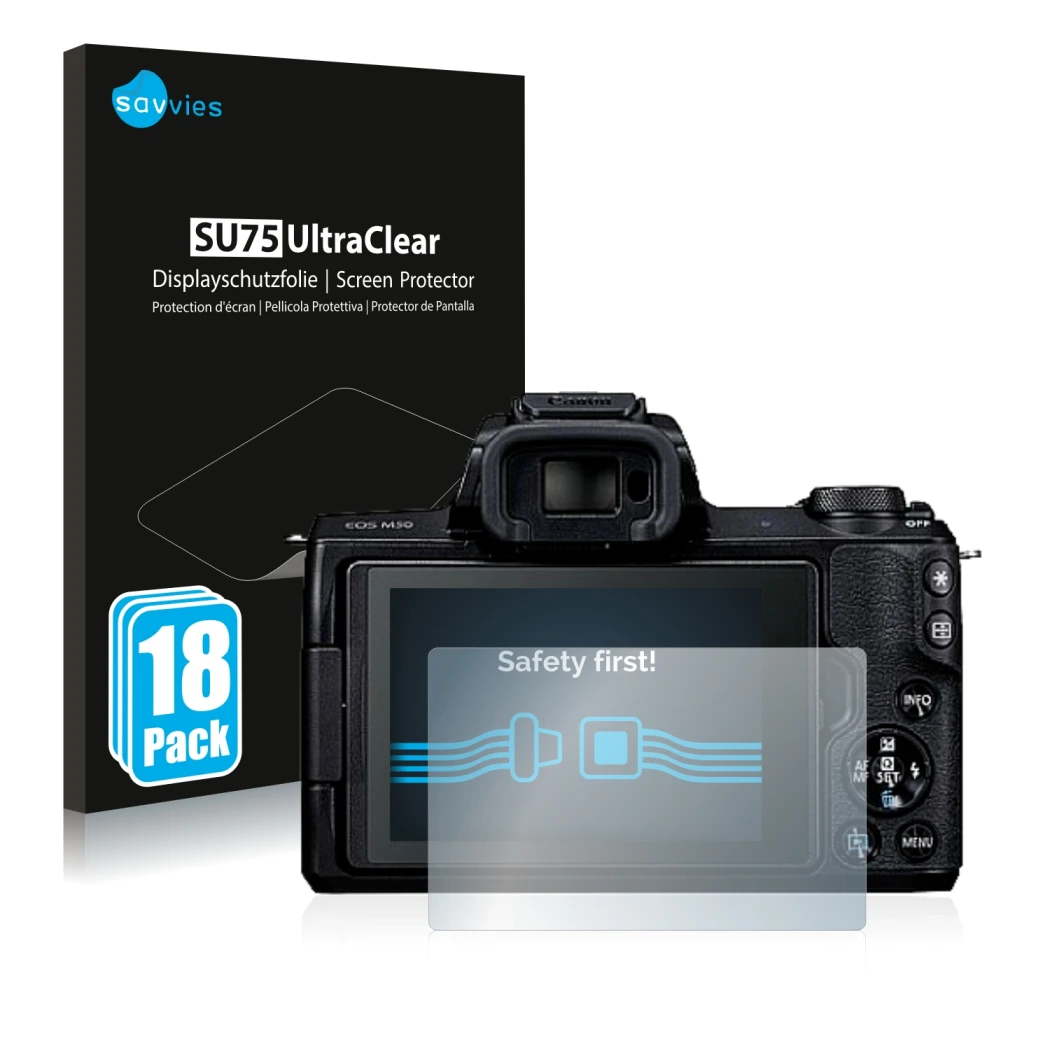 Parte frontal de un envase de producto con el logotipo de la marca Savvies. Al lado se muestra el dispositivo Canon EOS M50 co