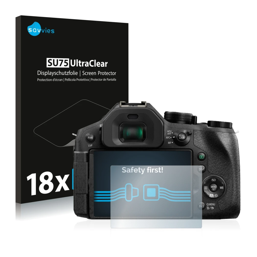 Parte frontal de un envase de producto con el logotipo de la marca Savvies. Al lado se muestra el dispositivo Panasonic Lumix 