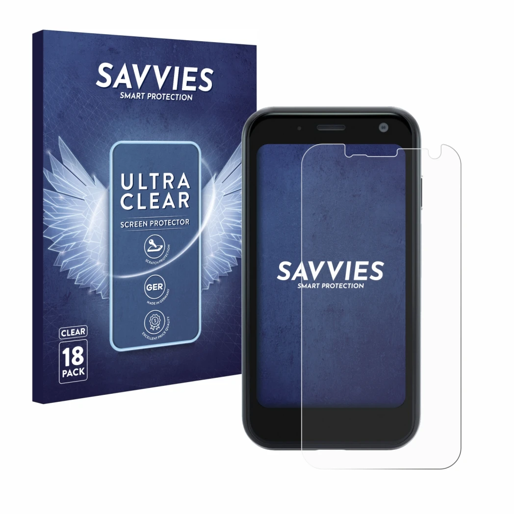 Parte frontal de un envase de producto con el logotipo de la marca Savvies. Al lado se muestra el dispositivo Palm Mini Smartp