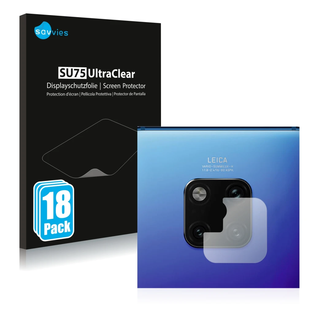 Parte frontal de un envase de producto con el logotipo de la marca Savvies. Al lado se muestra el dispositivo Huawei Mate 20 P