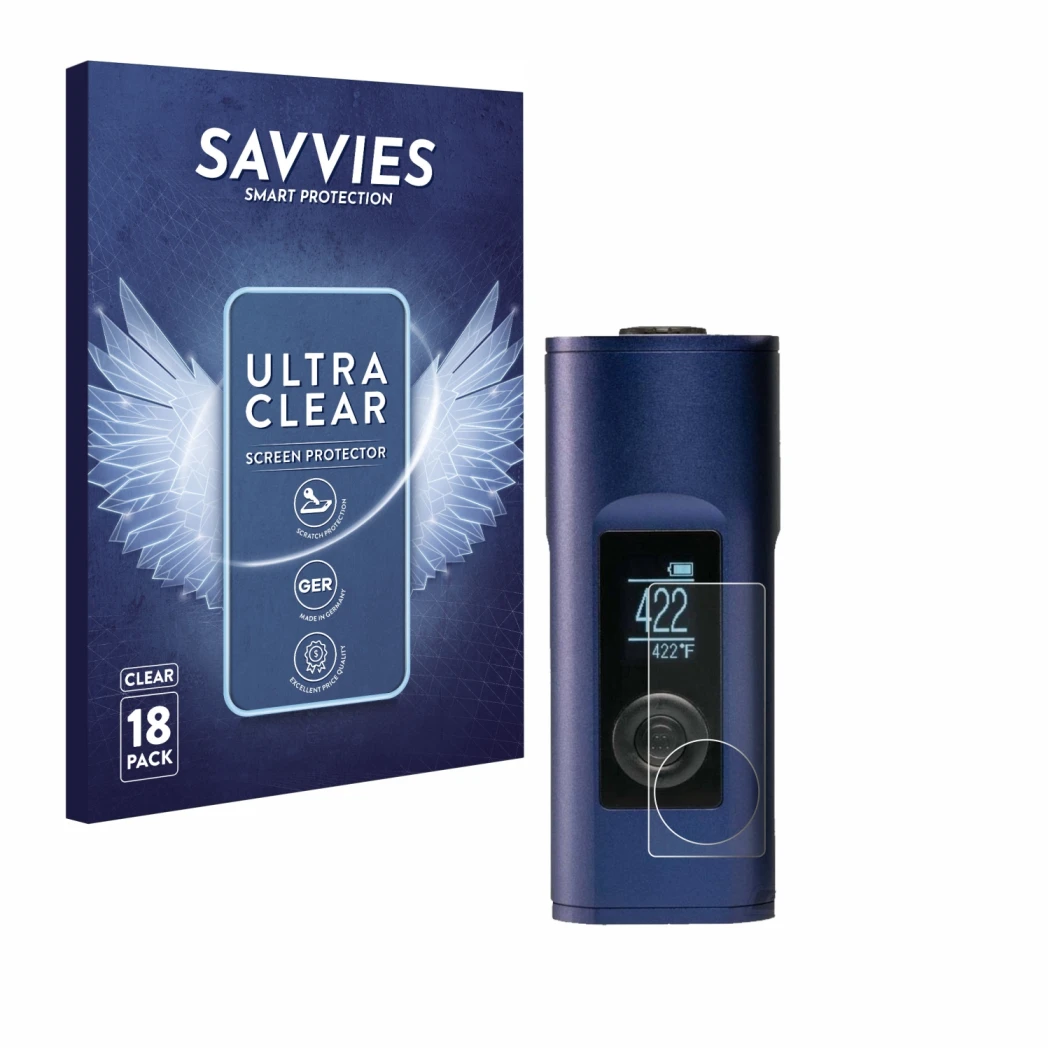 Parte frontal de un envase de producto con el logotipo de la marca Savvies. Al lado se muestra el dispositivo Arizer Solo 2 co