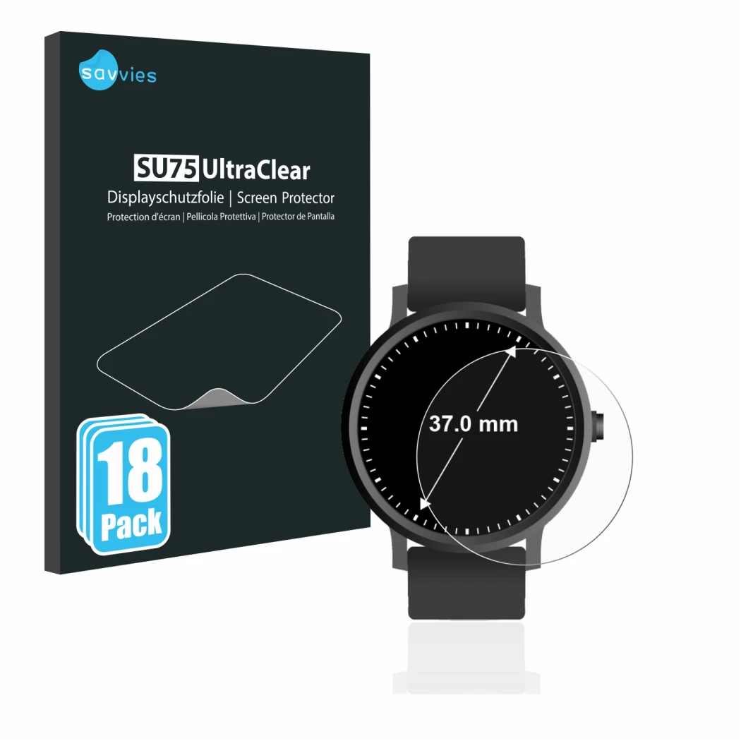 Parte frontal de un envase de producto con el logotipo de la marca Savvies. Al lado se muestra el dispositivo Circular Display