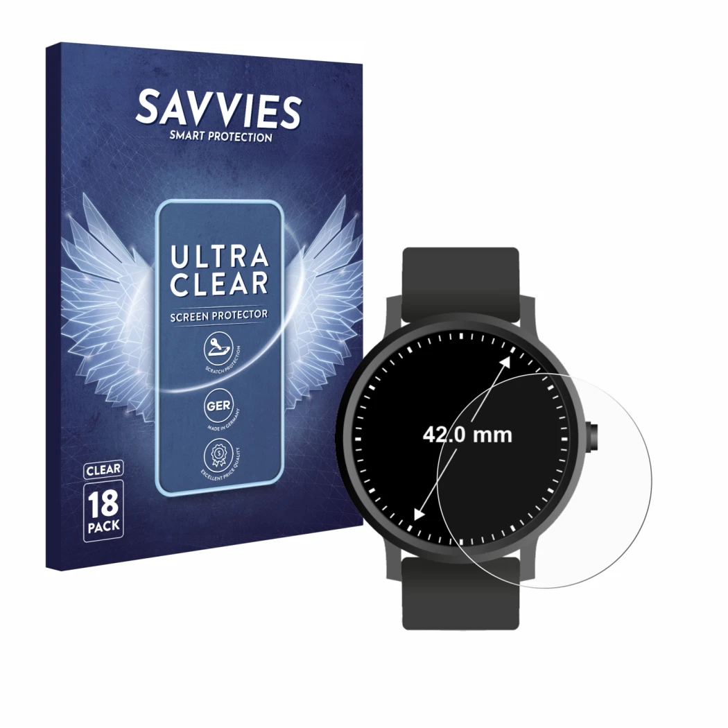 Parte frontal de un envase de producto con el logotipo de la marca Savvies. Al lado se muestra el dispositivo Circular Display