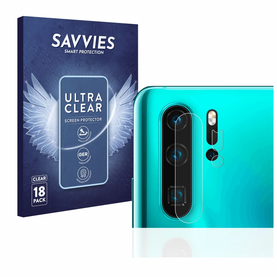 Parte frontal de un envase de producto con el logotipo de la marca Savvies. Al lado se muestra el dispositivo Huawei P30 Pro (