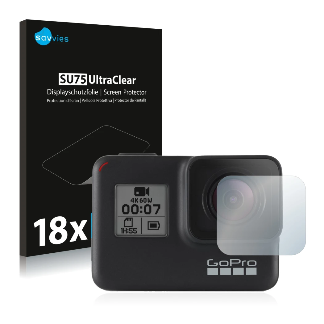 Parte frontal de un envase de producto con el logotipo de la marca Savvies. Al lado se muestra el dispositivo GoPro Hero 7 Bla