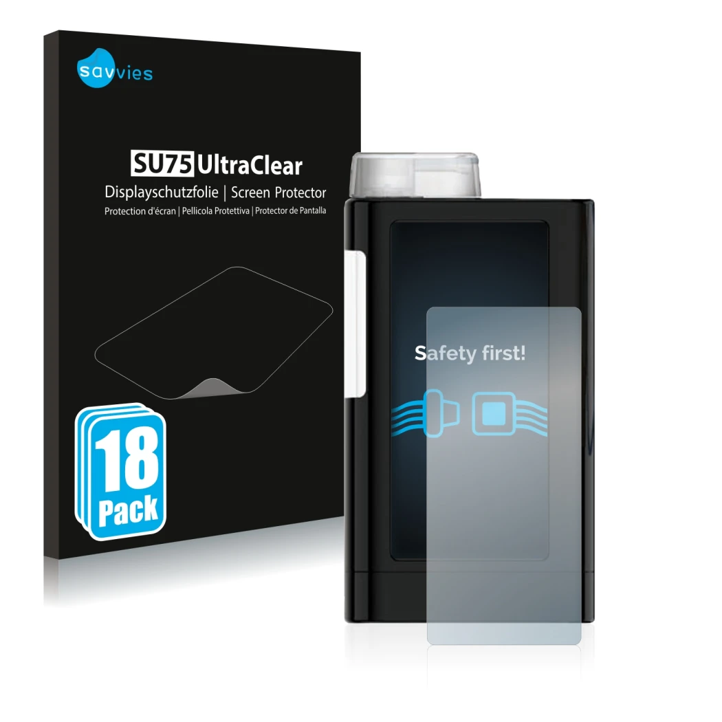 Parte frontal de un envase de producto con el logotipo de la marca Savvies. Al lado se muestra el dispositivo Mylife YpsoPump 