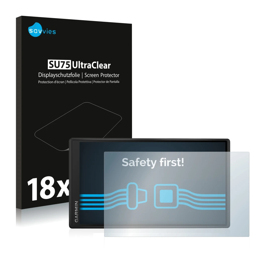 Parte frontal de un envase de producto con el logotipo de la marca Savvies. Al lado se muestra el dispositivo Garmin DriveSmar