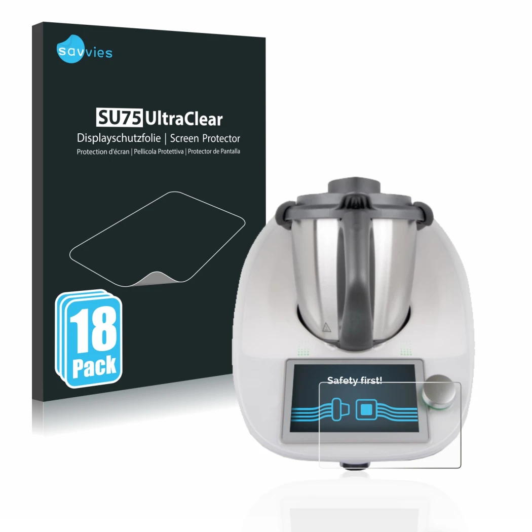 Parte frontal de un envase de producto con el logotipo de la marca Savvies. Al lado se muestra el dispositivo Vorwerk Bimby TM