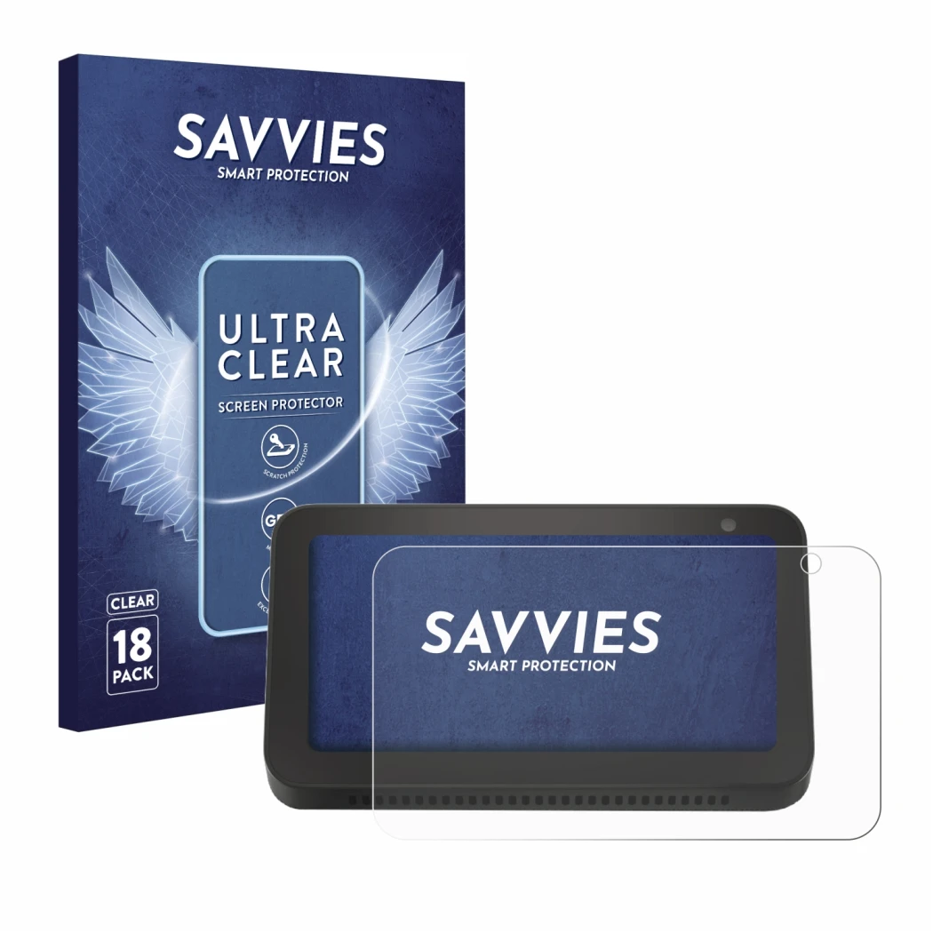 Parte frontal de un envase de producto con el logotipo de la marca Savvies. Al lado se muestra el dispositivo Amazon Echo Show