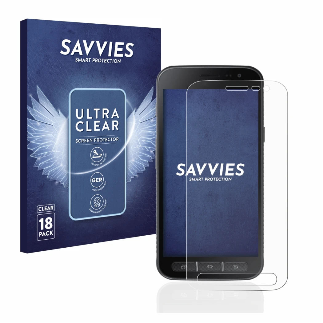 Parte frontal de un envase de producto con el logotipo de la marca Savvies. Al lado se muestra el dispositivo Samsung Galaxy X