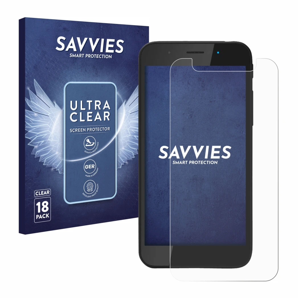 Parte frontal de un envase de producto con el logotipo de la marca Savvies. Al lado se muestra el dispositivo Shiftphones Shif