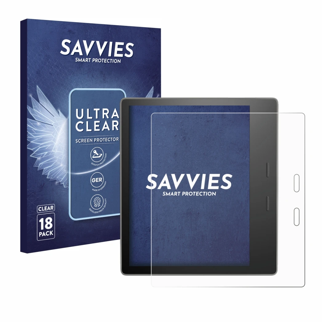 Parte frontal de un envase de producto con el logotipo de la marca Savvies. Al lado se muestra el dispositivo Amazon Kindle Oa