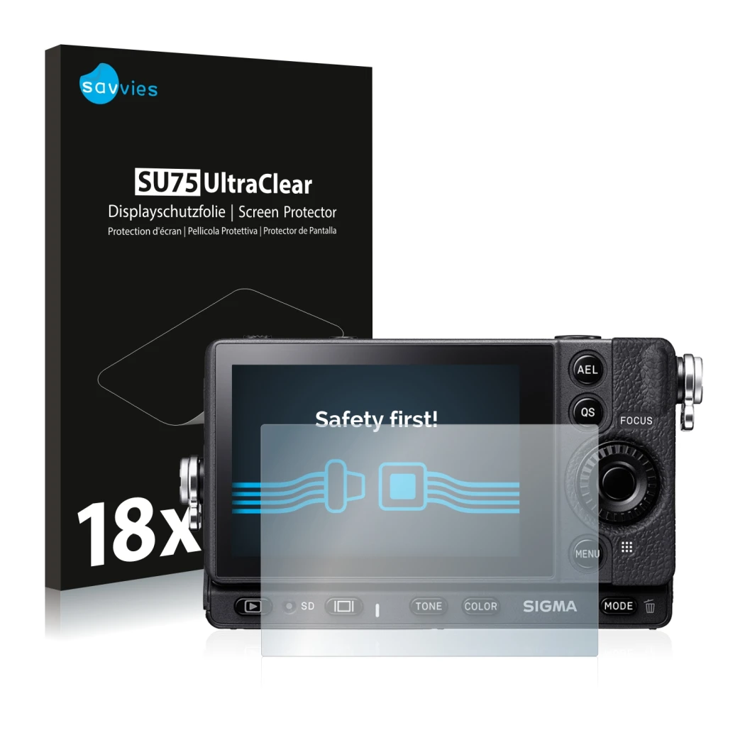 Parte frontal de un envase de producto con el logotipo de la marca Savvies. Al lado se muestra el dispositivo Sigma FP con su 