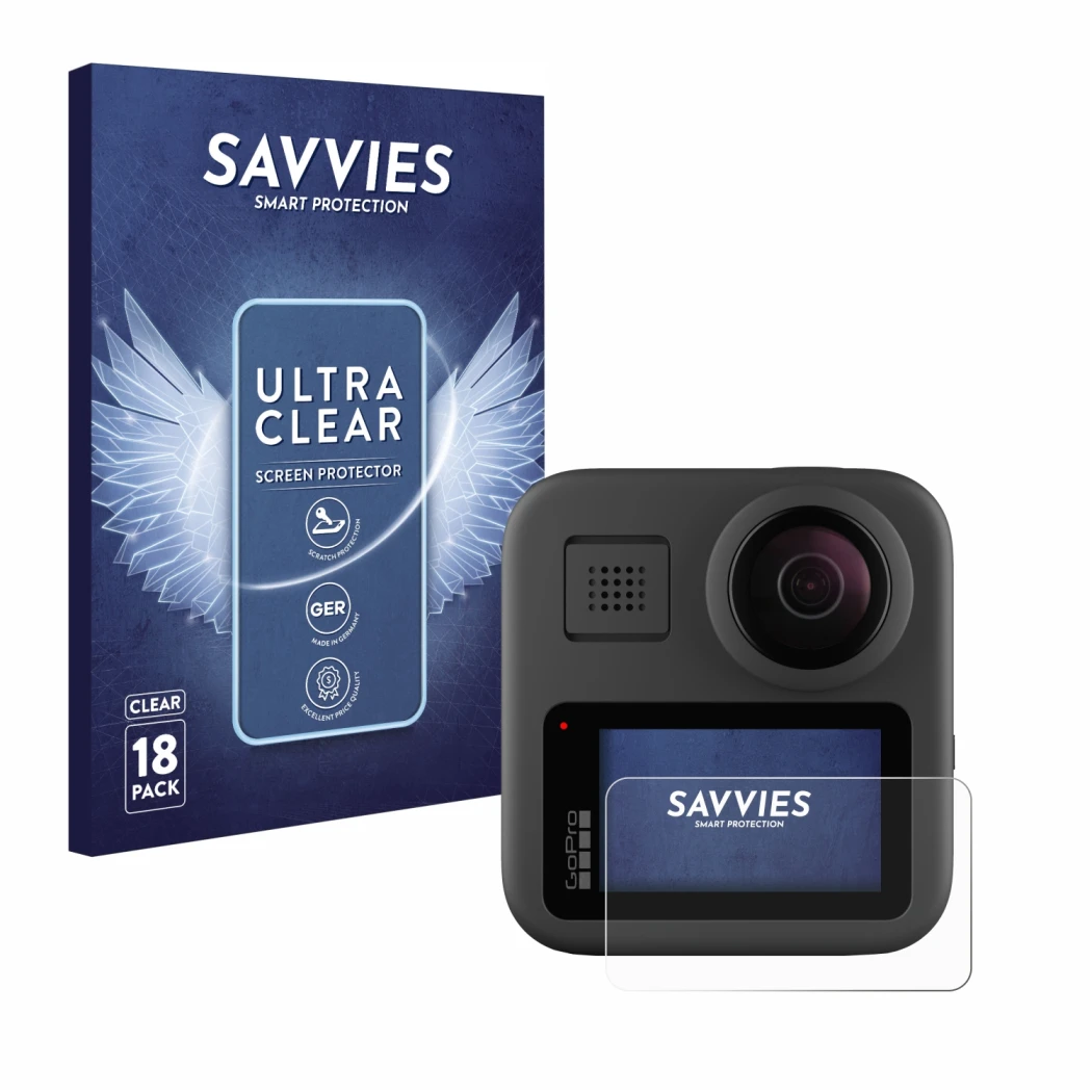 Parte frontal de un envase de producto con el logotipo de la marca Savvies. Al lado se muestra el dispositivo GoPro Max con su