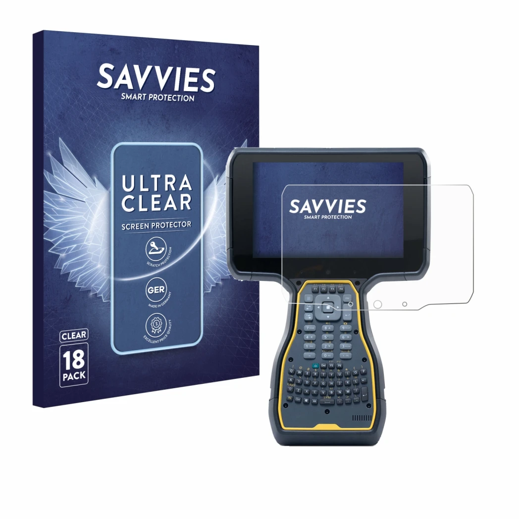 Parte frontal de un envase de producto con el logotipo de la marca Savvies. Al lado se muestra el dispositivo Trimble TSC7 Con